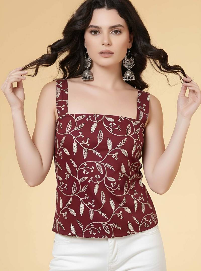 Burgundy cotton printed top for women