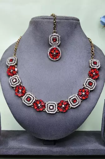 Red color yellow gold plating festive wear designer necklace set