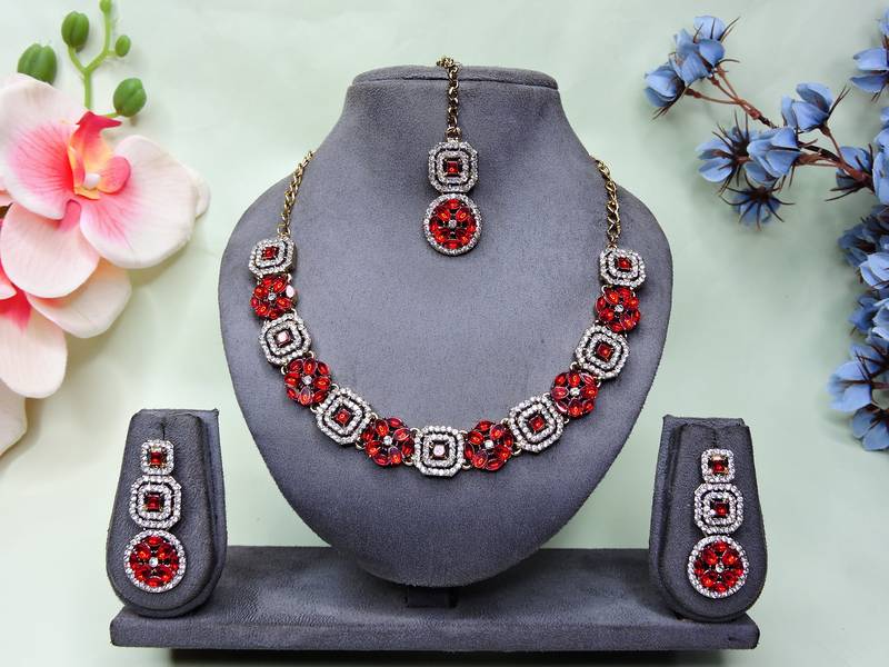Red color yellow gold plating festive wear designer necklace set