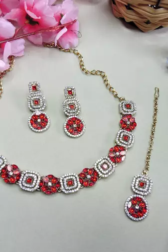 Red color yellow gold plating festive wear designer necklace set