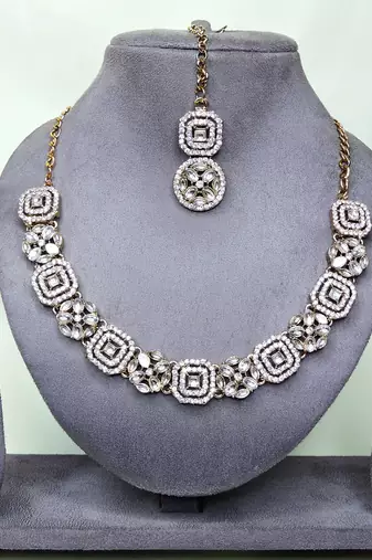 White color yellow gold plating festive wear designer necklace set