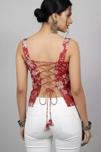 Red cotton printed top for women