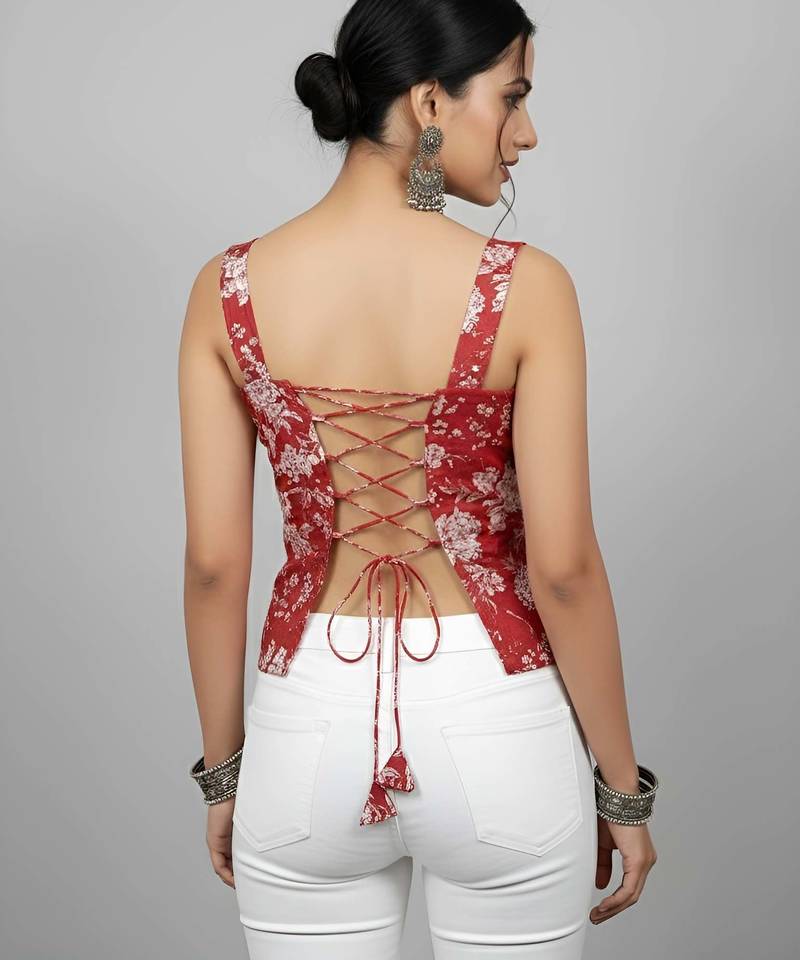 Red cotton printed top for women