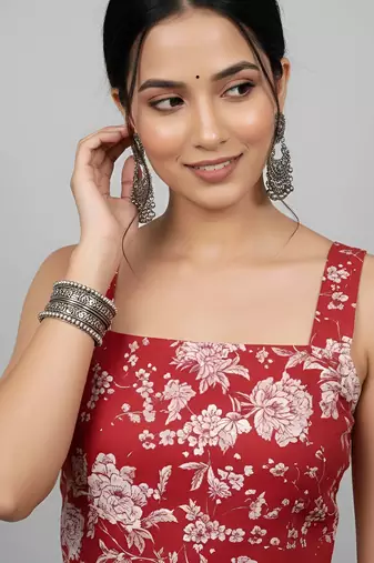 Red cotton printed top for women