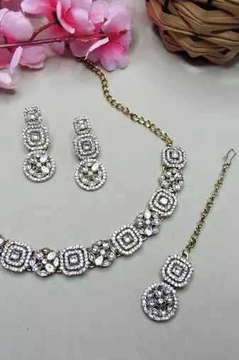 White color yellow gold plating festive wear designer necklace set
