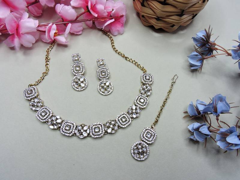 White color yellow gold plating festive wear designer necklace set