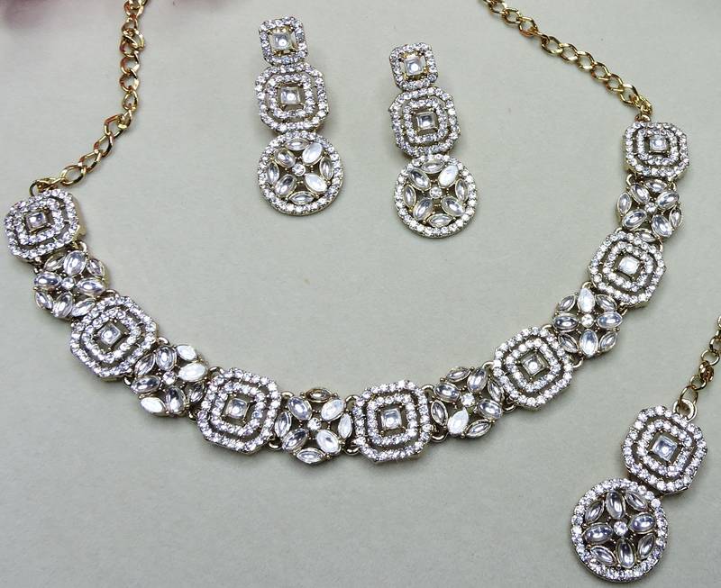 White color yellow gold plating festive wear designer necklace set