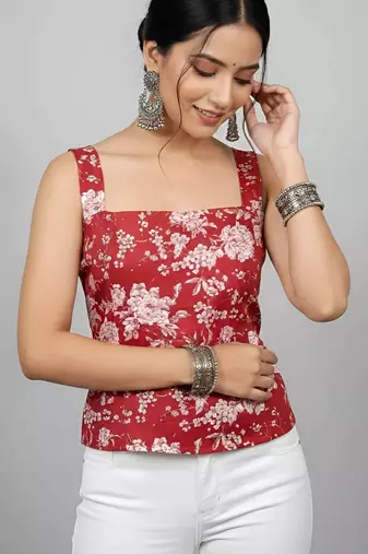 Red cotton printed top for women