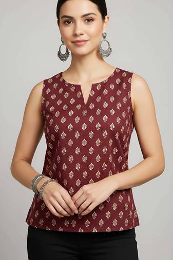 Maroon cotton printed top for women