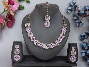 Pink color rhodium plating festive wear designer necklace set 1