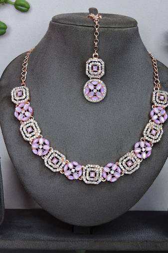 Pink color rhodium plating festive wear designer necklace set