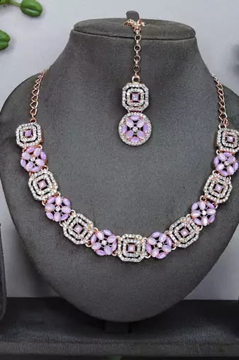 Pink color rhodium plating festive wear designer necklace set