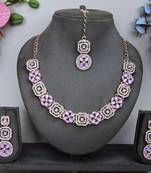 Pink color rhodium plating festive wear designer necklace set