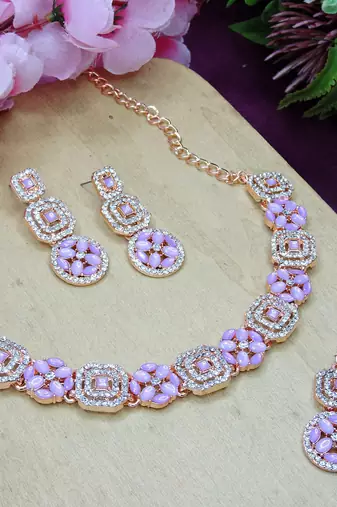 Pink color rhodium plating festive wear designer necklace set