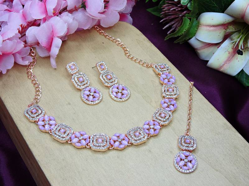 Pink color rhodium plating festive wear designer necklace set