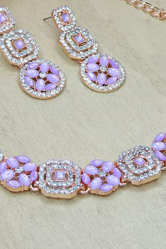 Pink color rhodium plating festive wear designer necklace set