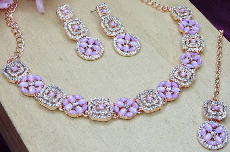 Pink color rhodium plating festive wear designer necklace set