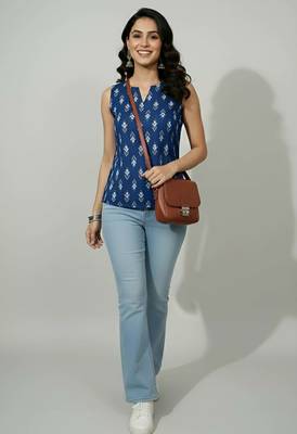 Blue cotton printed top for women 1