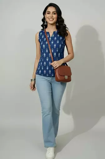 Blue cotton printed top for women