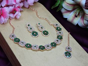 Green color rhodium plating festive wear designer necklace set 2