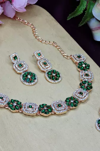 Green color rhodium plating festive wear designer necklace set