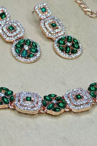 Green color rhodium plating festive wear designer necklace set