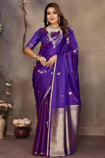 purple ethnic motifs zari silk blend banarasi saree