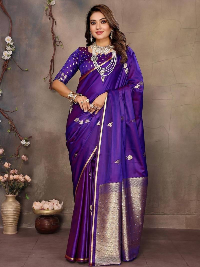 purple ethnic motifs zari silk blend banarasi saree