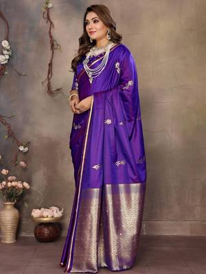 purple ethnic motifs zari silk blend banarasi saree 2