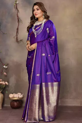purple ethnic motifs zari silk blend banarasi saree