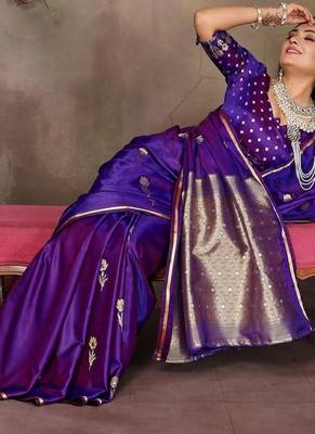 purple ethnic motifs zari silk blend banarasi saree 4