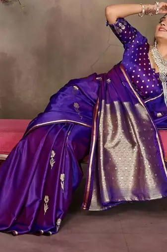 purple ethnic motifs zari silk blend banarasi saree