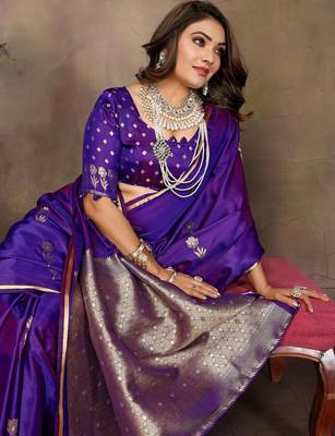 purple ethnic motifs zari silk blend banarasi saree 5