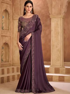 purple embellished sequinned satin heavy work saree 1