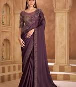 purple embellished sequinned satin heavy work saree