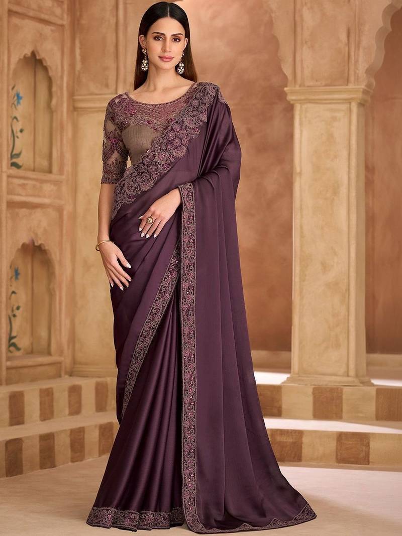 purple embellished sequinned satin heavy work saree