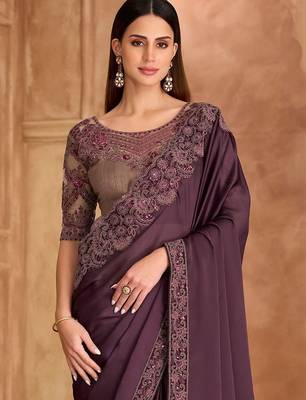 purple embellished sequinned satin heavy work saree 2