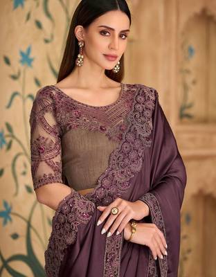 purple embellished sequinned satin heavy work saree 3