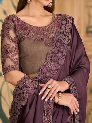 purple embellished sequinned satin heavy work saree 4