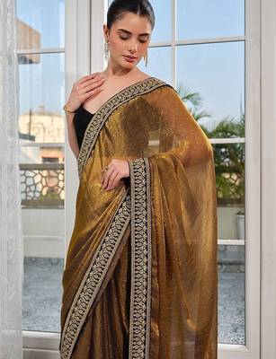 gold embellished embroidered tissue heavy work saree 1