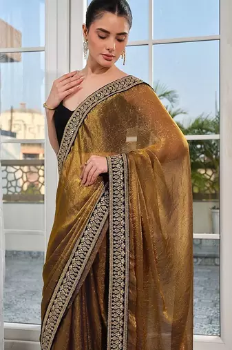 gold embellished embroidered tissue heavy work saree