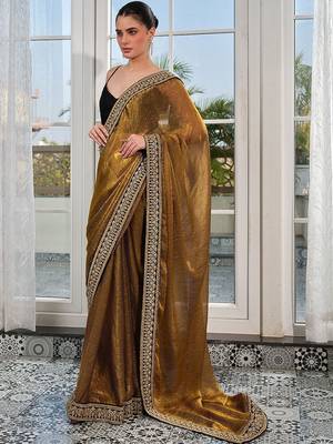 gold embellished embroidered tissue heavy work saree 2