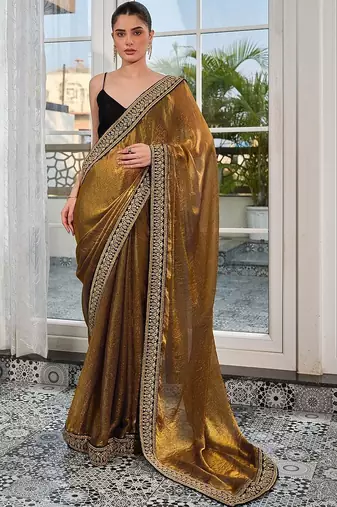 gold embellished embroidered tissue heavy work saree