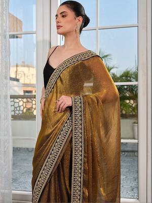 gold embellished embroidered tissue heavy work saree 4