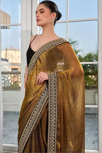 gold embellished embroidered tissue heavy work saree