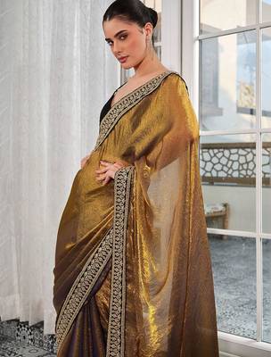 gold embellished embroidered tissue heavy work saree 5