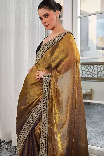 gold embellished embroidered tissue heavy work saree