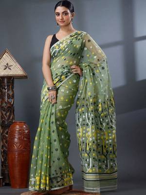 green ethnic motifs silk cotton handloom jamdani saree 1