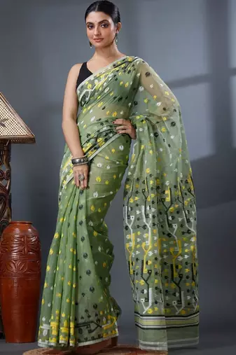 green ethnic motifs silk cotton handloom jamdani saree