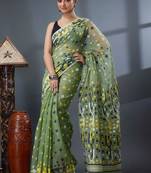 green ethnic motifs silk cotton handloom jamdani saree